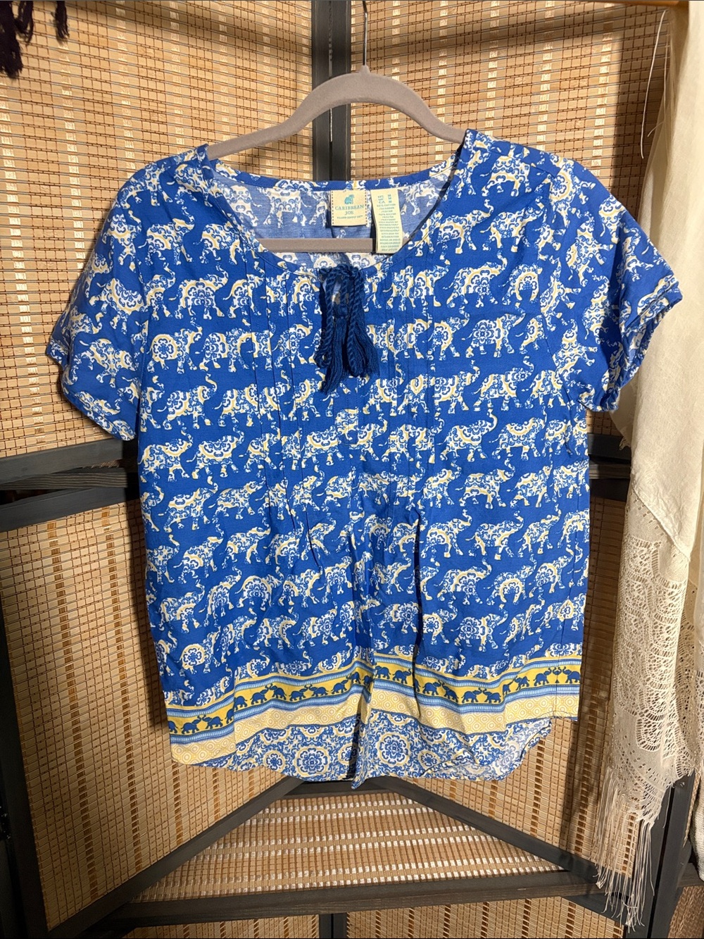 Blue Elephants!!! Print Tassel Peasant Top
